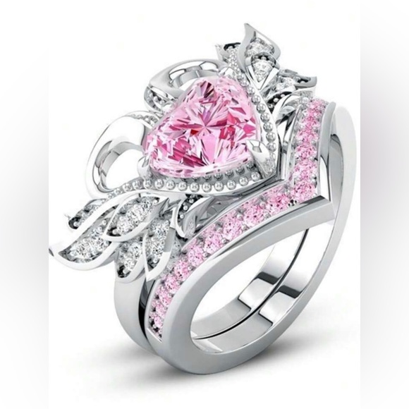 Pink Heart & Doves Ring & Band Set. - Picture 8 of 8